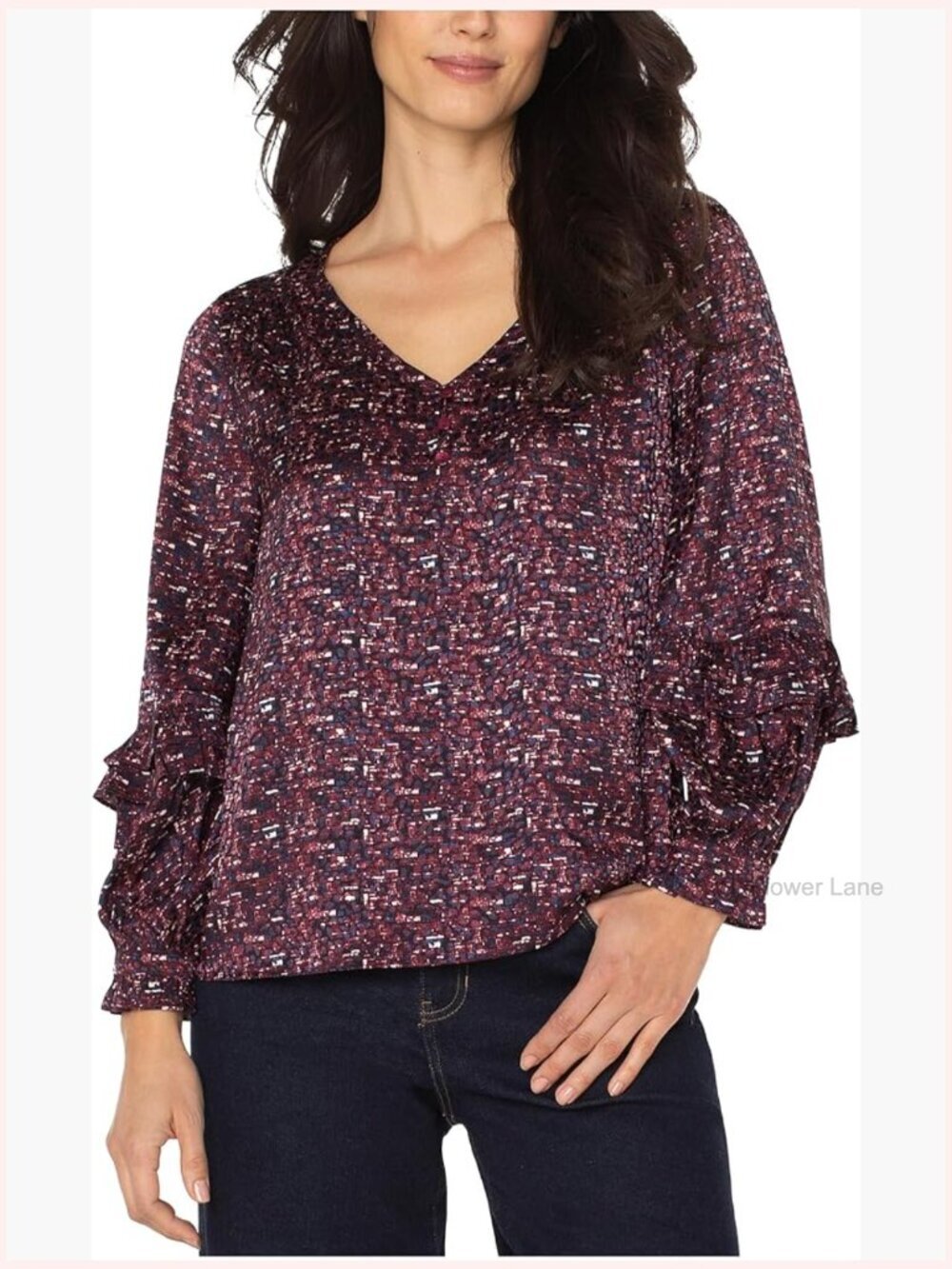Long Sleeve Woven Blouse with Ruffles V-Neck Button Front